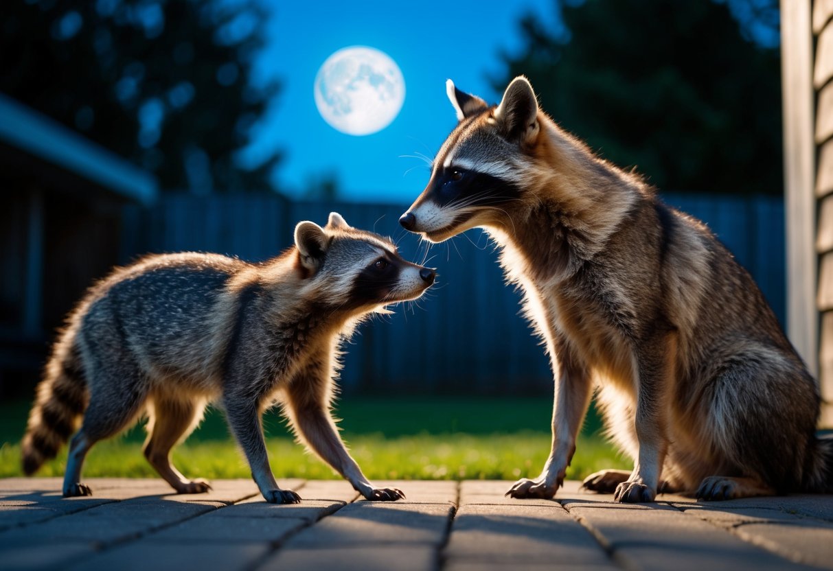 A raccoon cautiously approaches a relaxed dog, sniffing each other curiously in a moonlit backyard