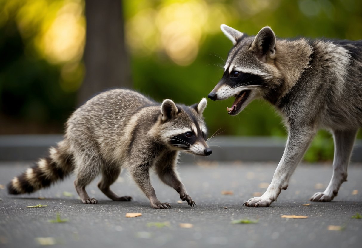 A raccoon cautiously approaches a dog, its body tense and eyes wary. The dog barks, causing the raccoon to retreat with its tail raised defensively