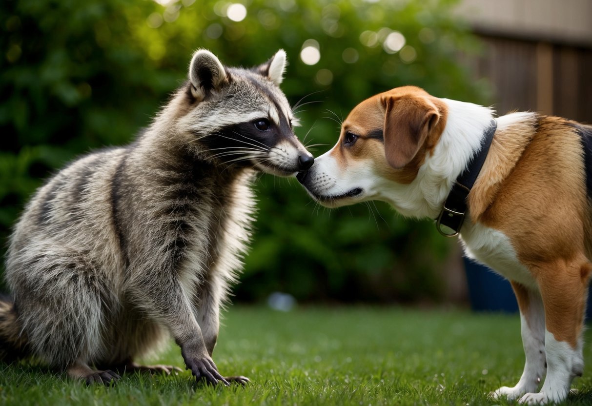 A raccoon and a dog cautiously sniff each other in a backyard, both showing signs of curiosity and hesitation