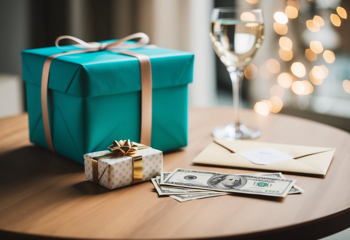A table with a wrapped gift and an envelope of money next to a wedding invitation