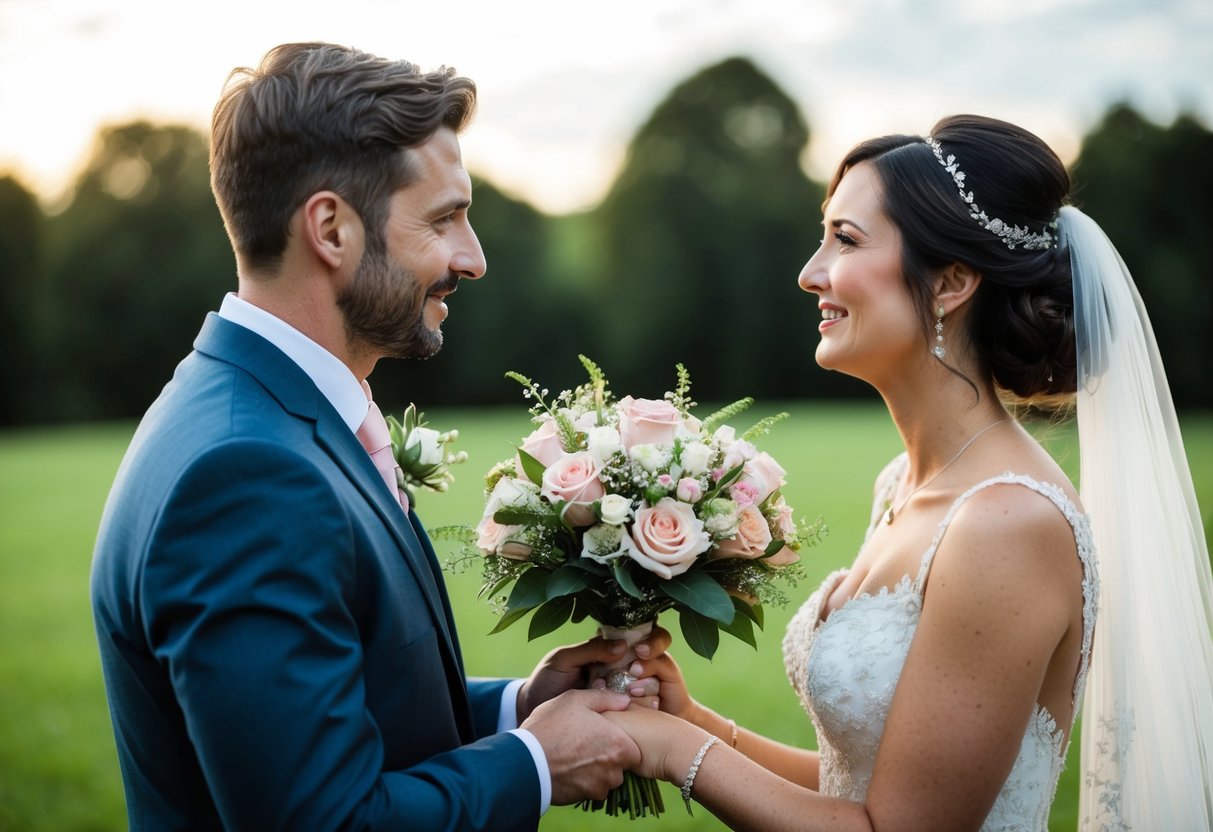 A groom presents a delicate bouquet to his blushing bride on their wedding day