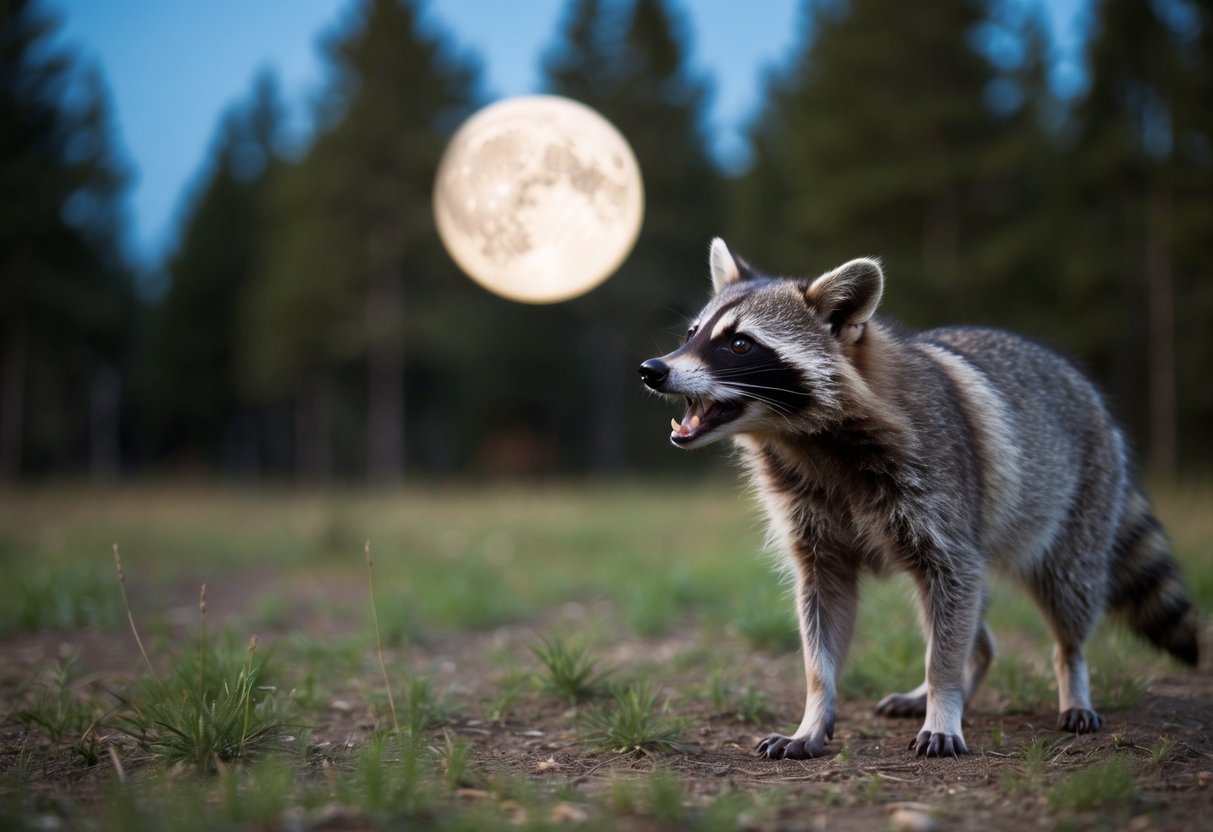 A raccoon dog barks at a full moon in a forest clearing