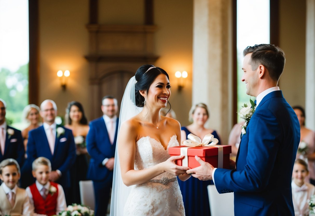 A bride and groom exchanging gifts on their wedding day