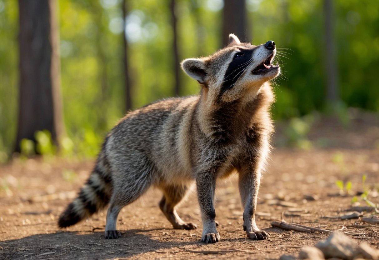 A raccoon dog stands in a forest clearing, its head tilted back as it emits a high-pitched bark