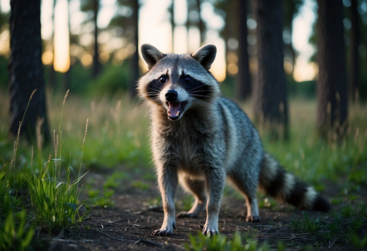 A raccoon dog barks at dusk in a forest clearing, surrounded by tall grass and dense trees