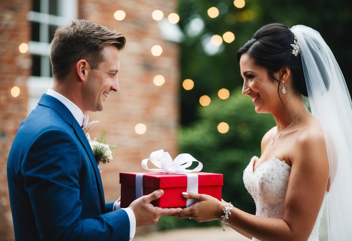 A bride and groom exchanging gifts on their wedding day