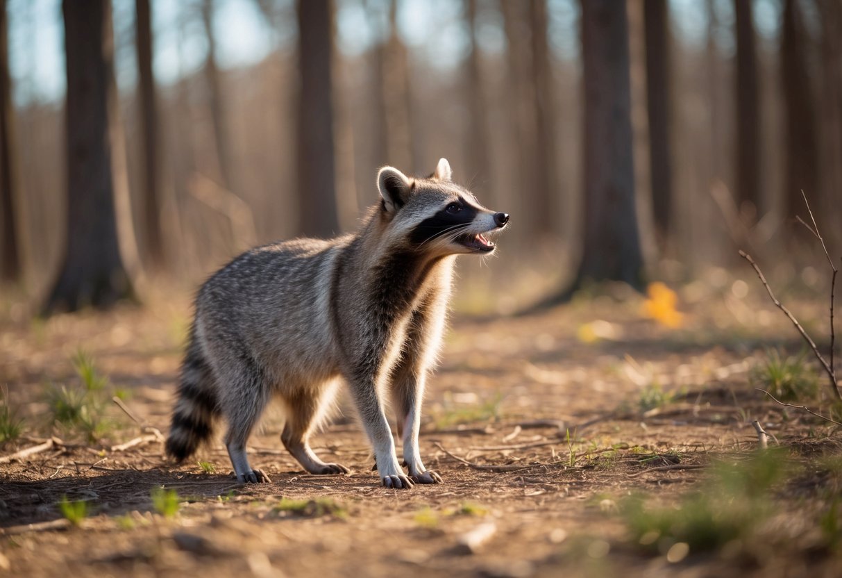 A raccoon dog barks at a person standing in a forest clearing