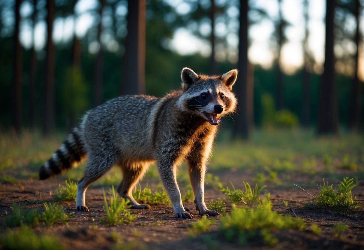A raccoon dog barks in a forest clearing at dusk