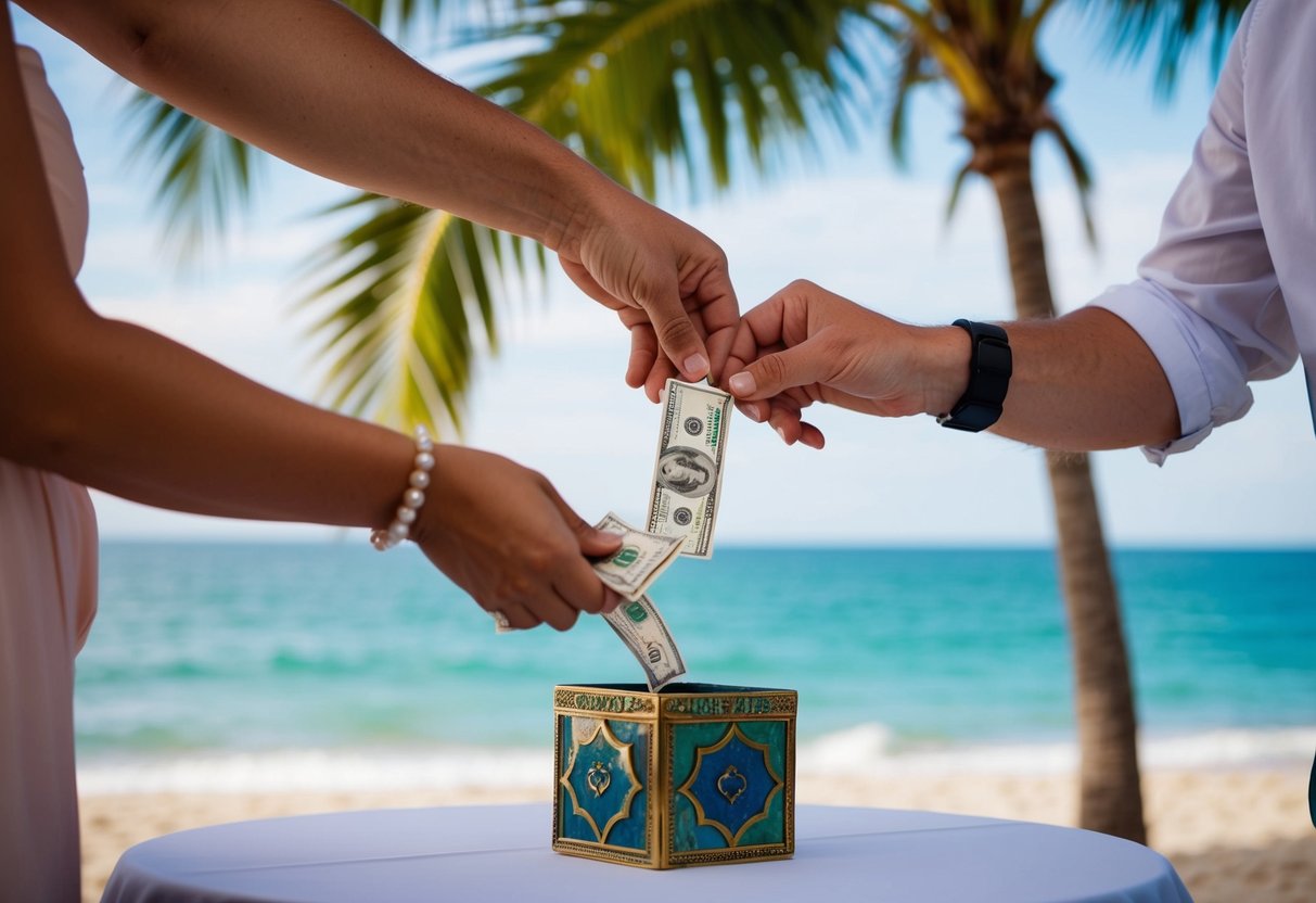 Guests at a beach wedding drop money into a decorative box on a table, with the ocean and palm trees in the background