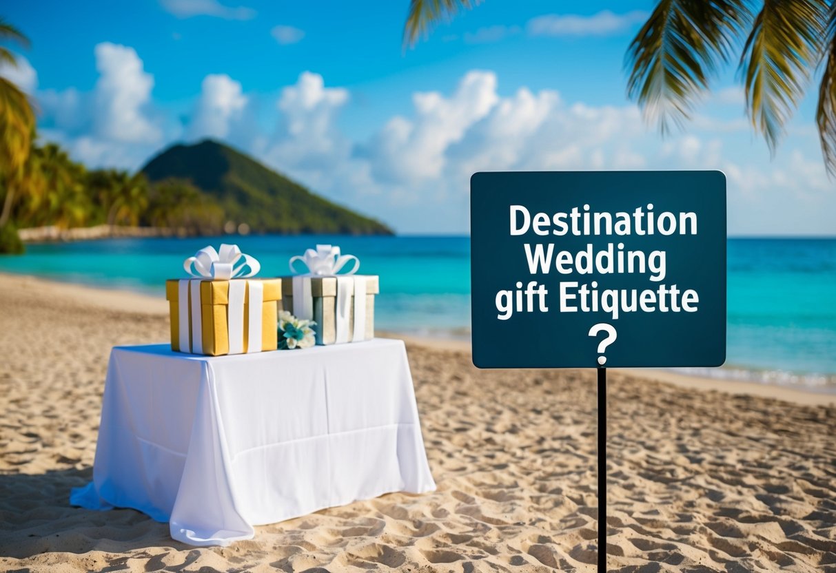 A tropical beach setting with a decorative gift table and a sign indicating "Destination Wedding Gift Etiquette" with a question mark
