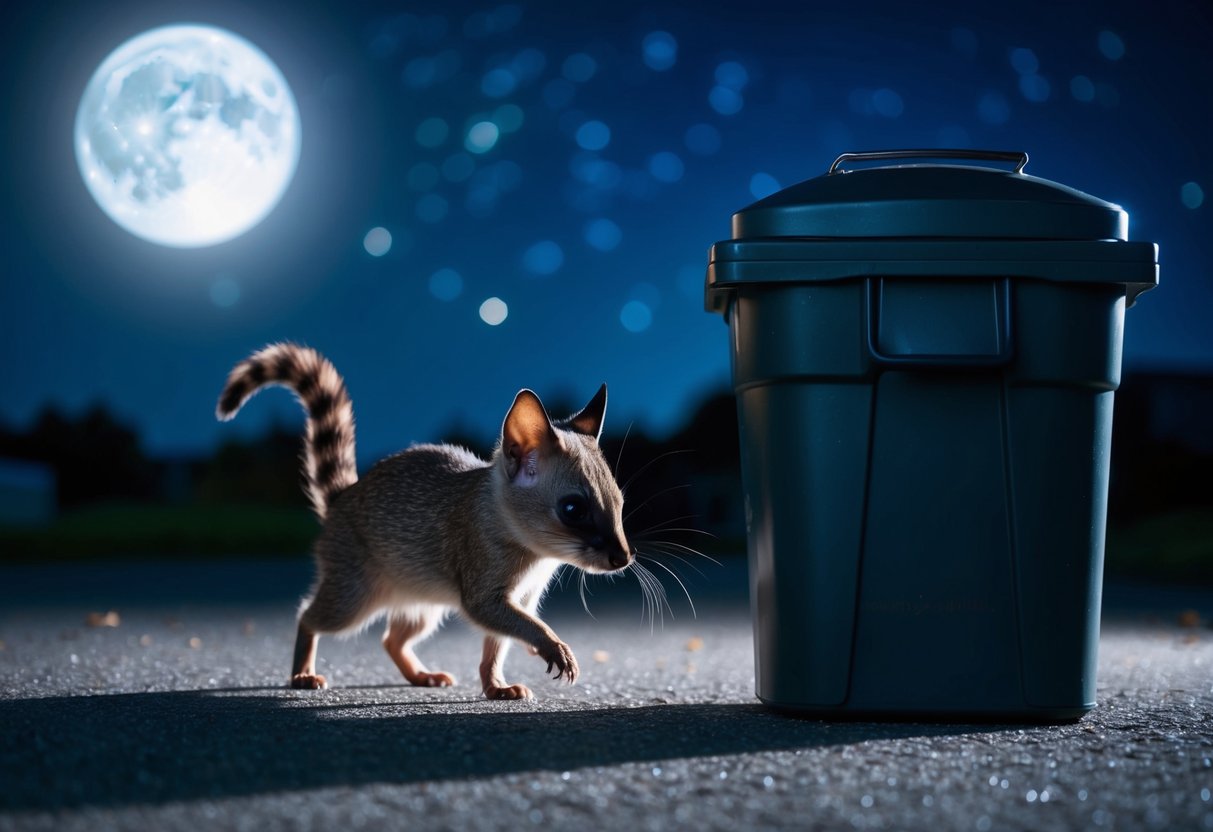 A small, ring-tailed creature with a pointed snout and black mask explores a trash can in the moonlit night