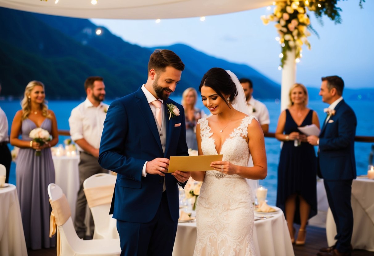 A couple stands at a wedding reception, contemplating a gift envelope while surrounded by a picturesque destination setting and other guests