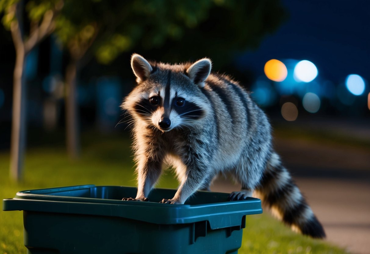A small, masked creature with bushy tail and striped fur scavenges through garbage cans at night, resembling a raccoon but smaller and with a longer snout