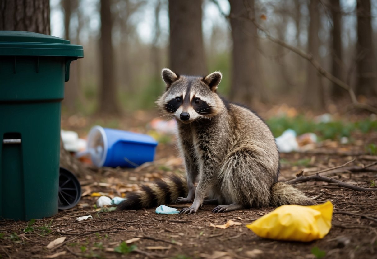A raccoon with a missing tail sits in a wooded area, surrounded by trash cans and discarded food