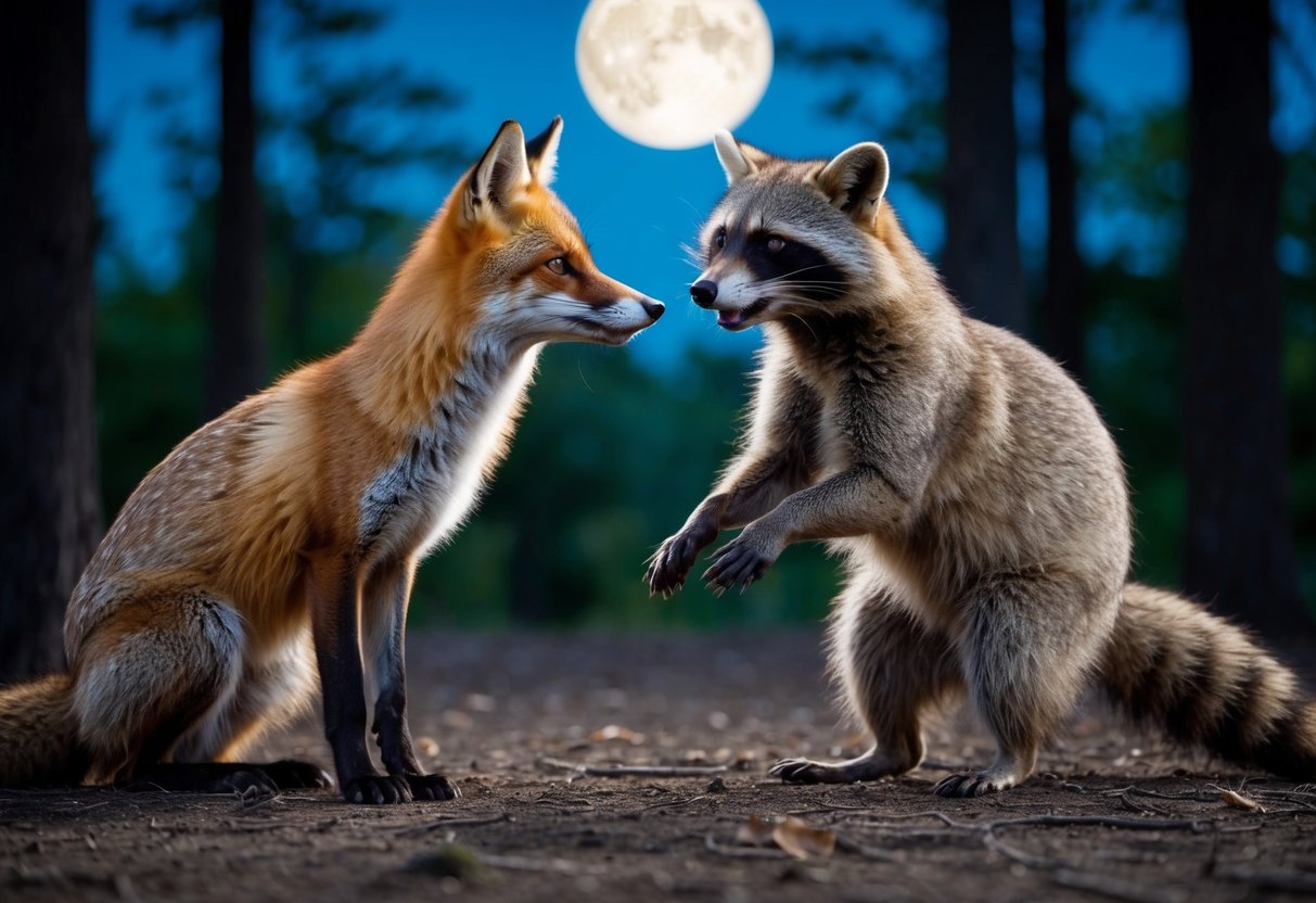 A fox and a raccoon face off in a moonlit forest clearing. The fox crouches low, ears pricked, while the raccoon stands on its hind legs, claws at the ready