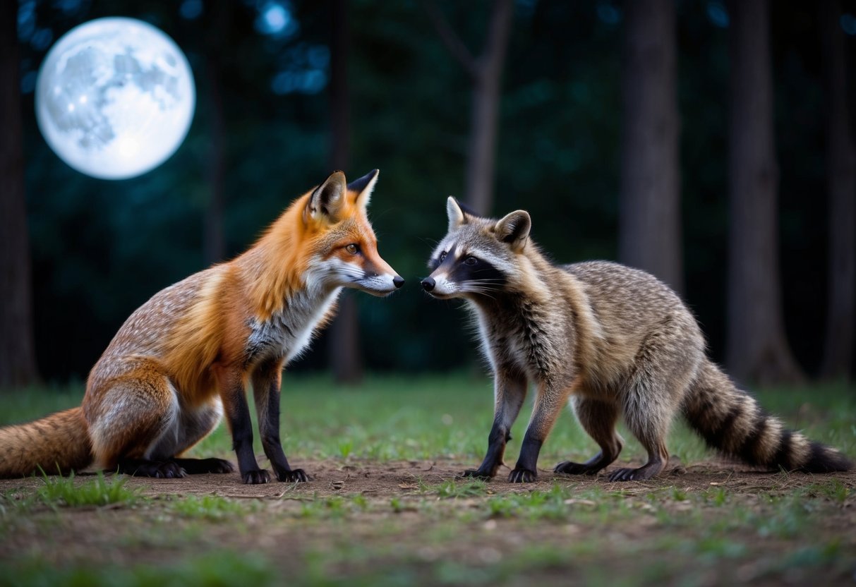 A fox and a raccoon face off in a moonlit forest clearing. The fox crouches low, while the raccoon stands its ground, both eyeing each other warily