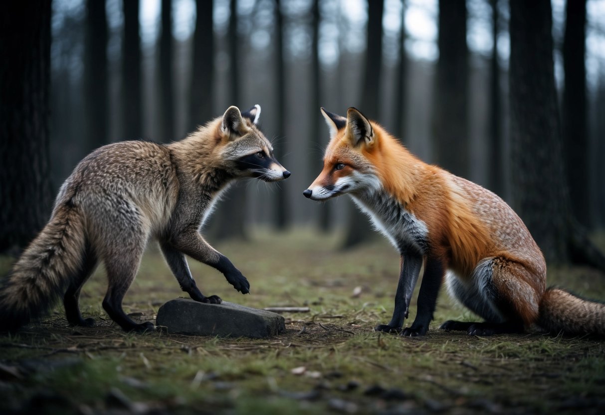 A fox faces off with a raccoon in a dark forest clearing, both animals poised for a confrontation