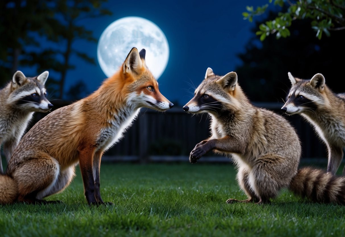 A fox and a raccoon face off in a moonlit backyard, their eyes locked in a tense standoff while surrounding wildlife watches with bated breath