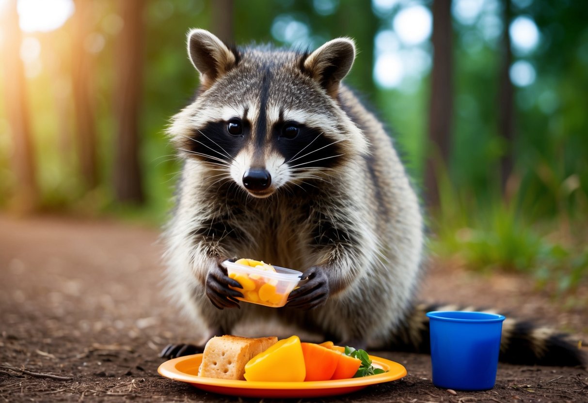 A raccoon with a black mask steals food from a campsite