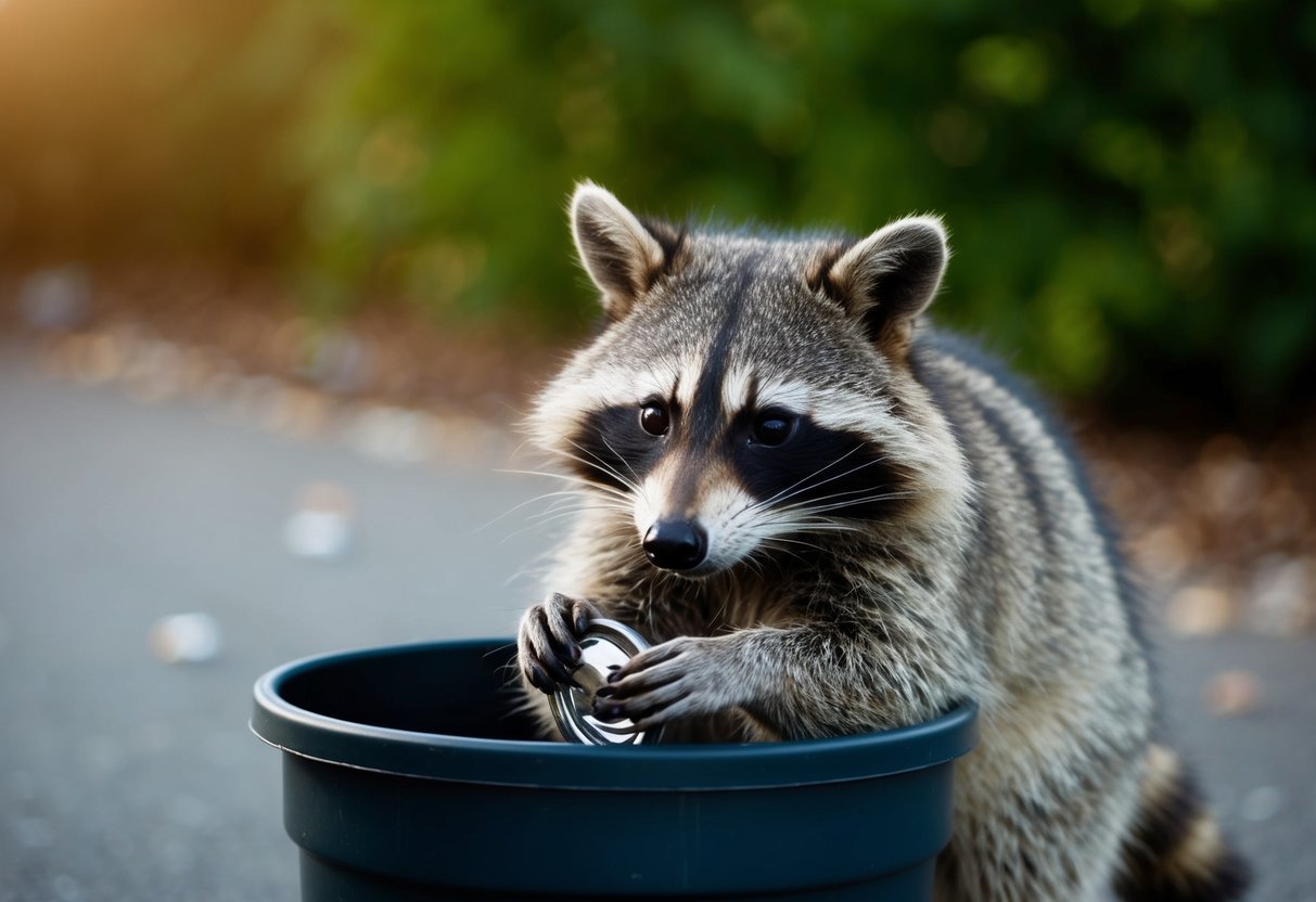 A raccoon with a mask-like facial pattern rummages through a trash can, holding a stolen shiny object in its paws