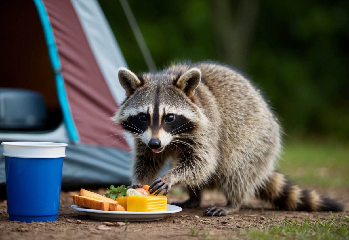 A raccoon with a mischievous expression steals food from a campsite