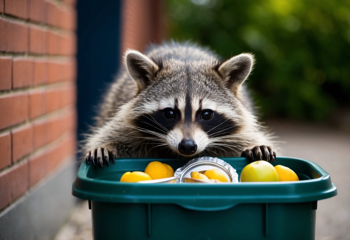 A raccoon sneaks into a trash can, its masked face peeking out mischievously as it rummages for food