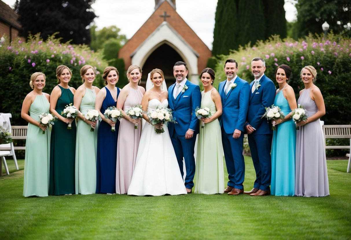 A group of wedding guests wearing dresses and suits in various shades of the same color as the bridesmaids, standing together in a garden or church setting
