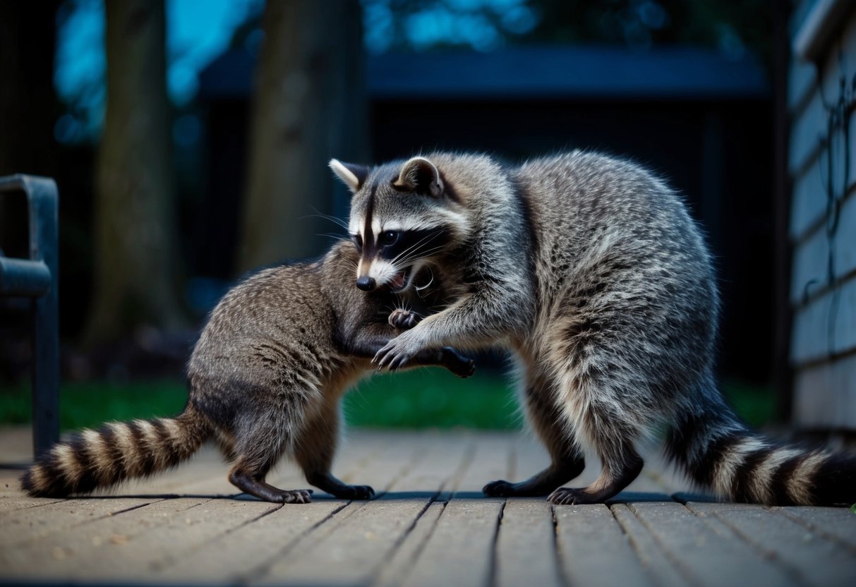 A raccoon bites a cat, causing a struggle in a dimly lit backyard