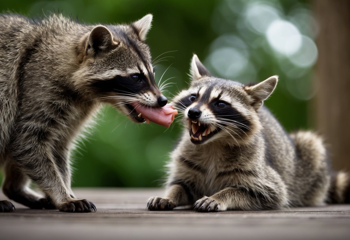 A raccoon bites a cat, causing a wound. The cat shows signs of distress and discomfort
