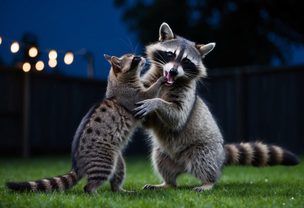 A raccoon bites a cat, causing a struggle between the two animals in a backyard at night
