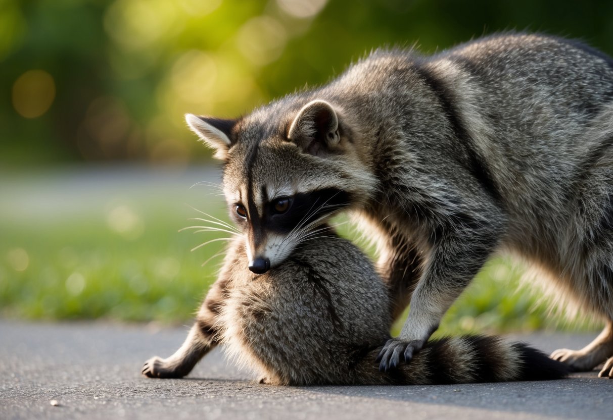 A raccoon bites a cat, leaving a wound on the cat's leg