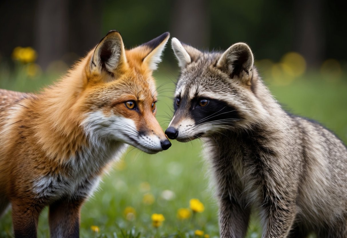 A fox and a raccoon stand face to face, their eyes locked in a curious gaze