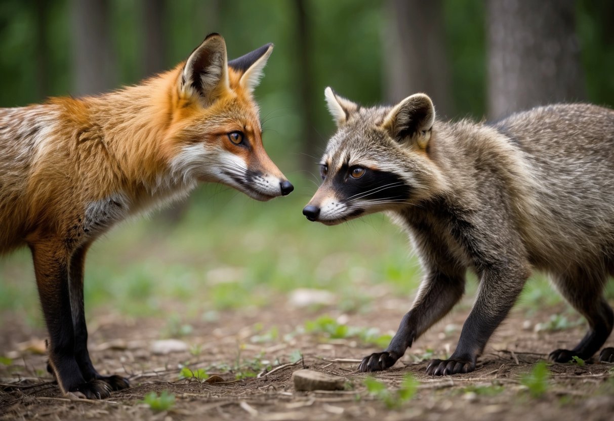 A fox and a raccoon cautiously approach each other in a forest clearing, their curious gazes meeting as they size each other up