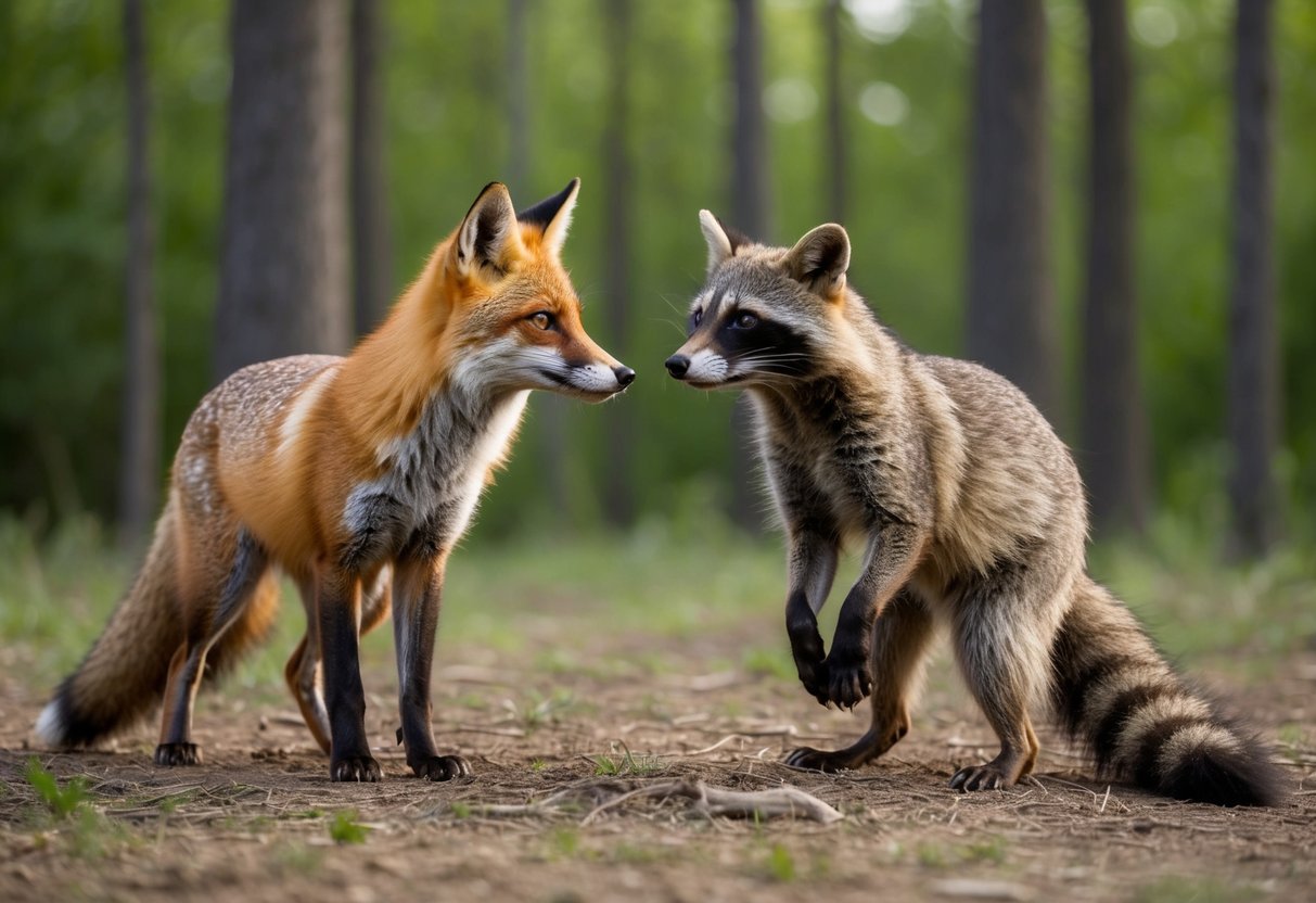 A fox and a raccoon stand facing each other in a forest clearing, their curious expressions hinting at the possibility of interbreeding