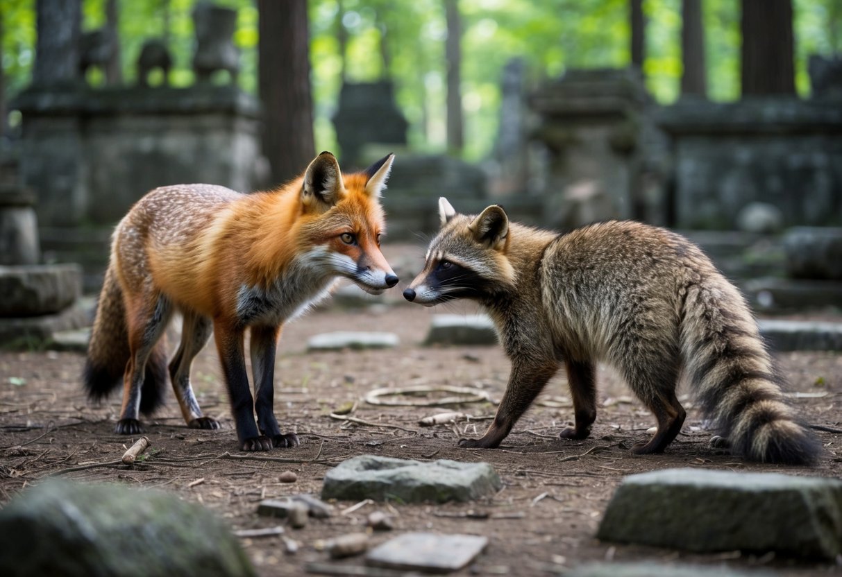 A fox and a raccoon face each other in a dense forest clearing, surrounded by ancient ruins and artifacts from different cultures