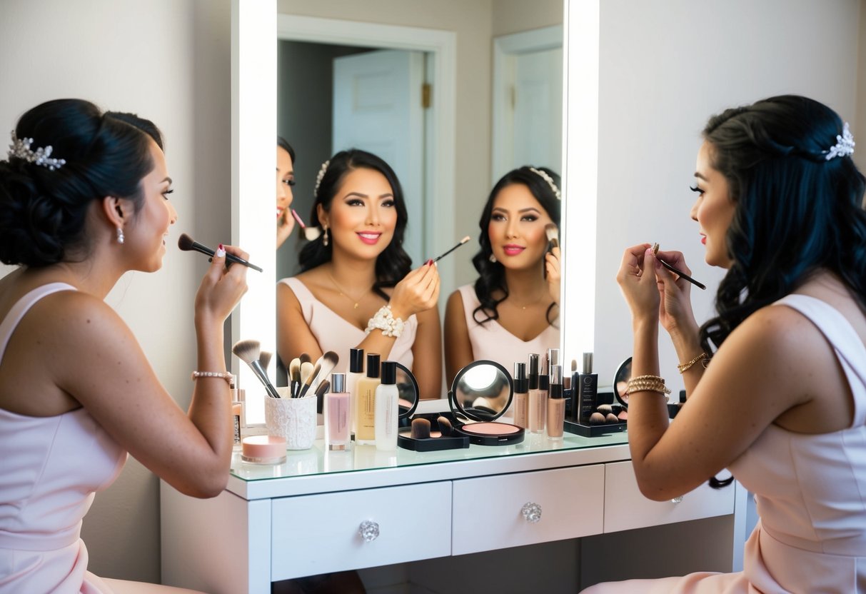Bridesmaids applying makeup in front of a large mirror with various cosmetic products and brushes on a vanity table