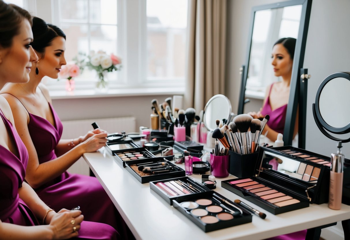 Bridesmaids' makeup supplies and tools laid out on a table, with a mirror and chairs nearby