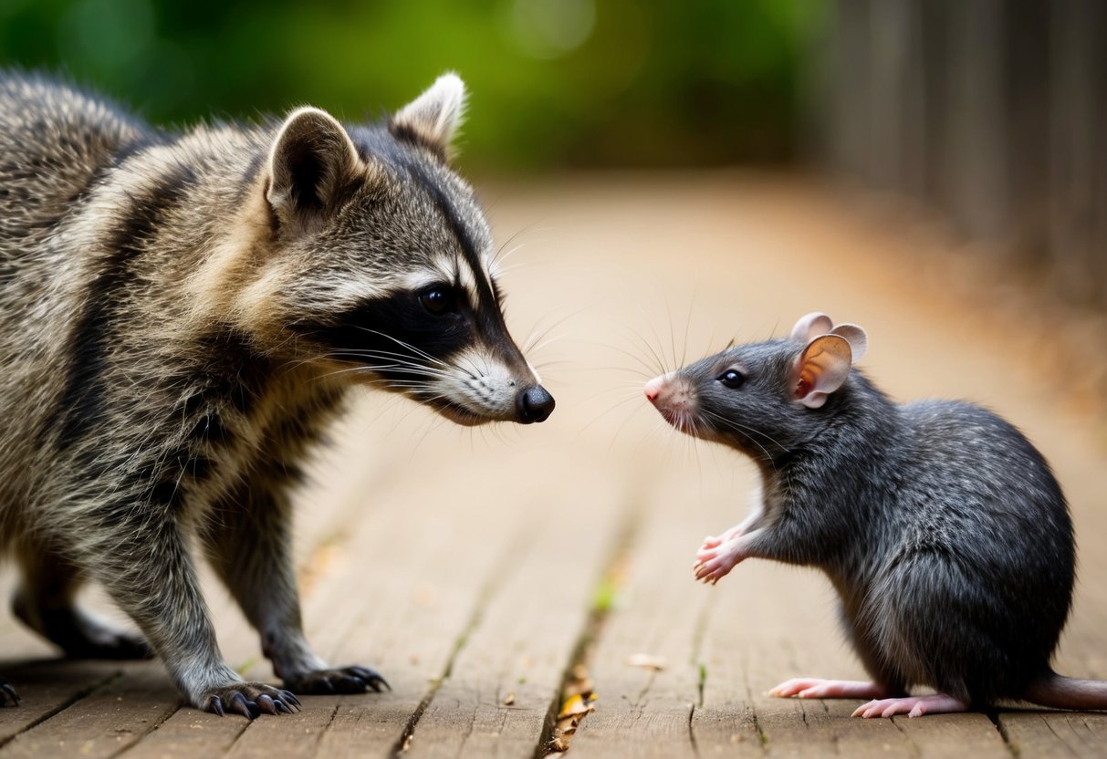 A raccoon and a rat face each other, comparing their similar features and sizes