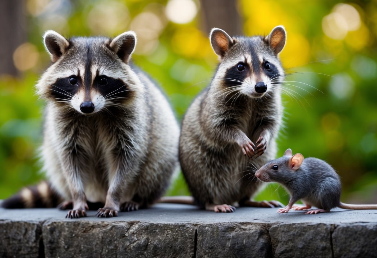 A raccoon and a rat sit side by side, comparing their similar features. The raccoon's larger size and distinctive facial markings set it apart from the smaller, sleeker rat