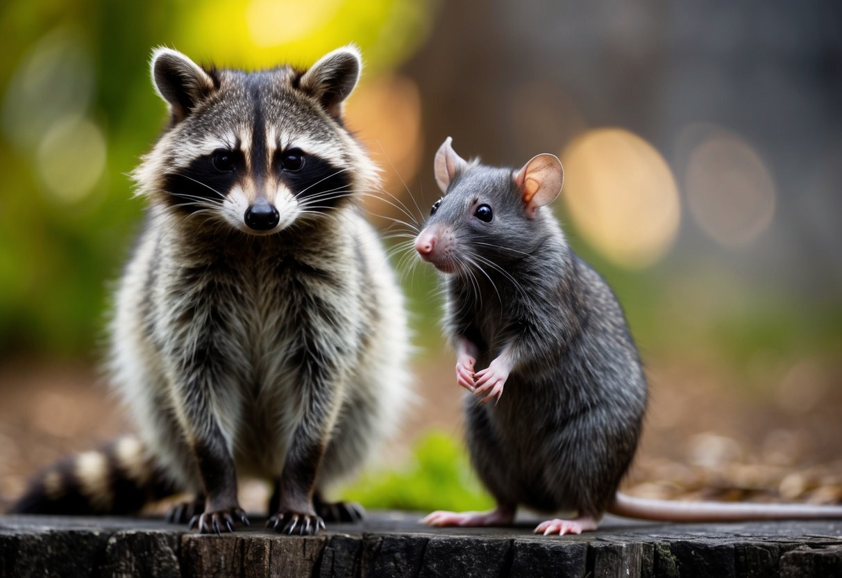 A raccoon and a rat stand side by side, both with their distinctive features clearly visible. The raccoon's mask-like facial markings and ringed tail contrast with the rat's smaller size and long, hairless tail