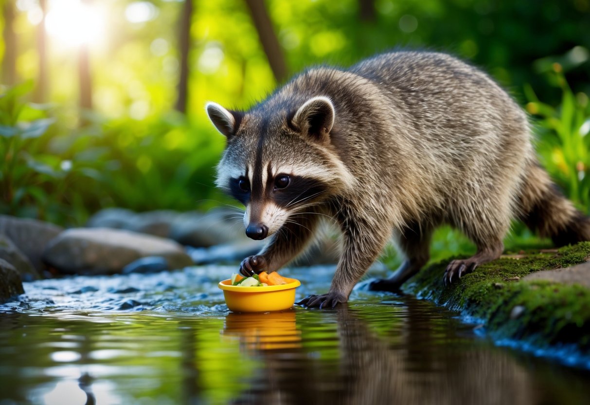 A raccoon meticulously washes its food in a stream, surrounded by lush greenery and sunlight filtering through the trees