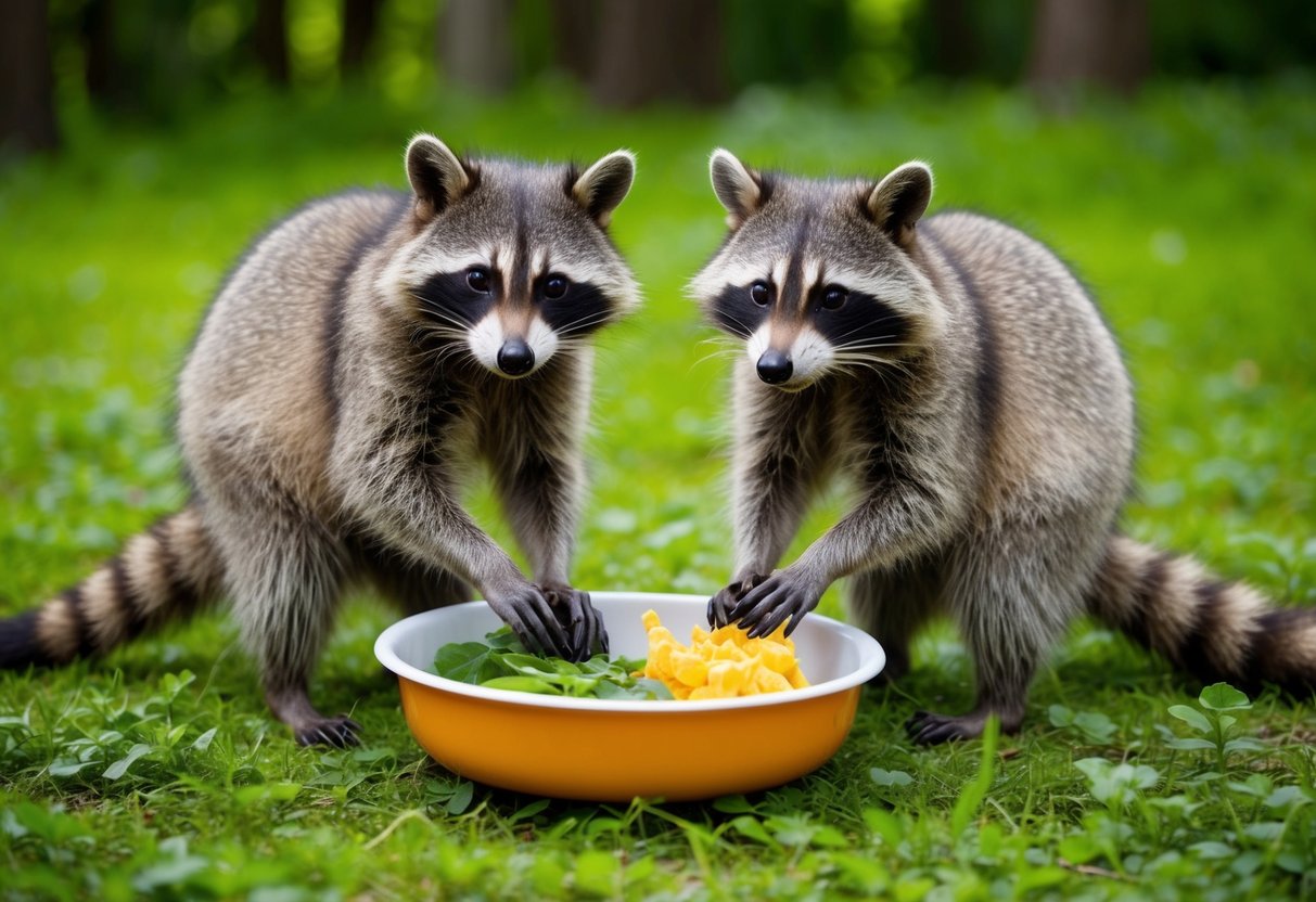 Two raccoons meticulously washing their food and grooming each other in a lush forest clearing