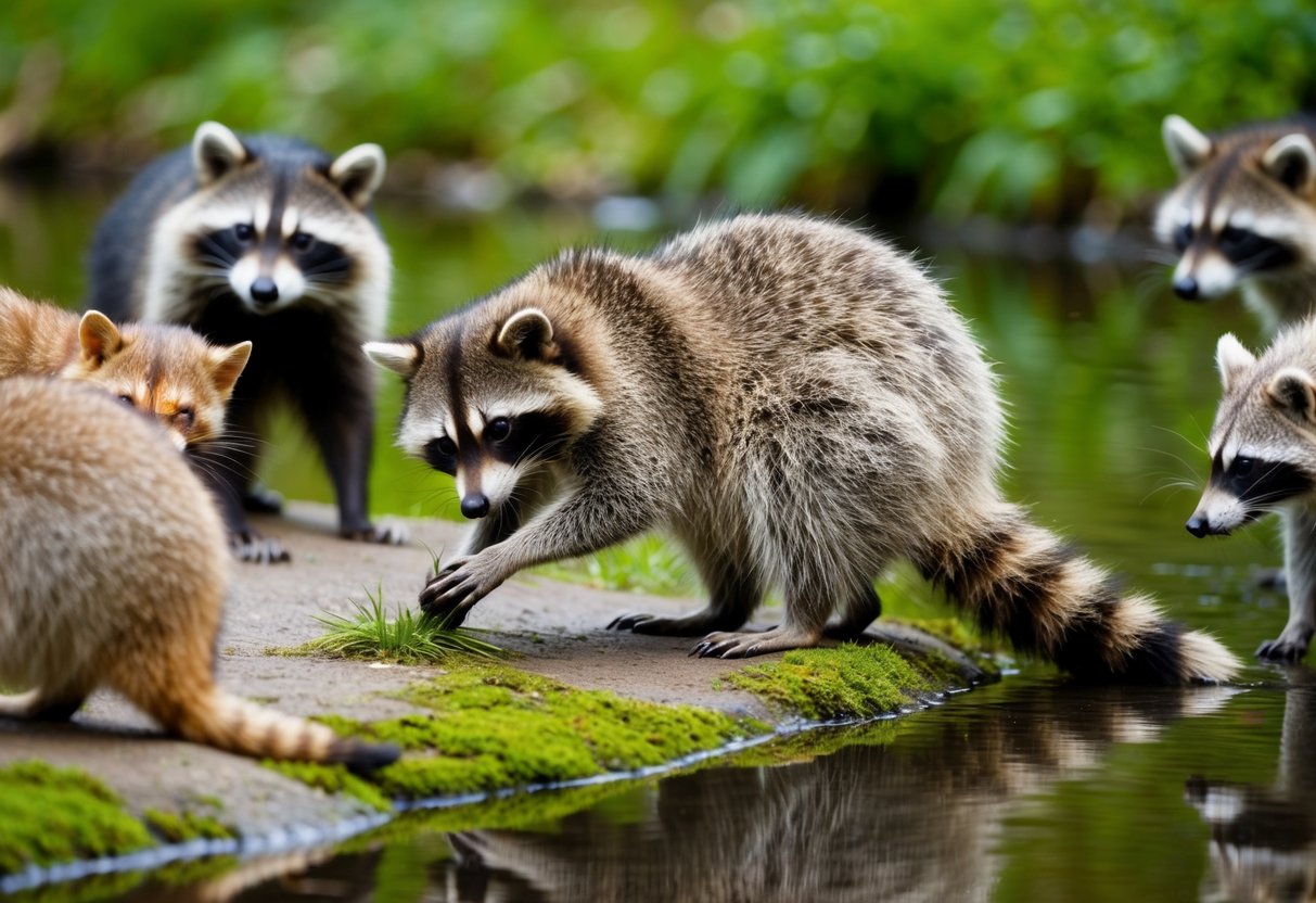 A raccoon grooming itself beside a pristine stream, surrounded by other animals in various states of cleanliness
