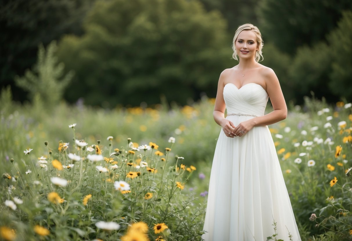 A bride in a simple white gown stands confidently, embracing her natural beauty with no makeup. Wildflowers and greenery surround her, creating a serene and authentic atmosphere