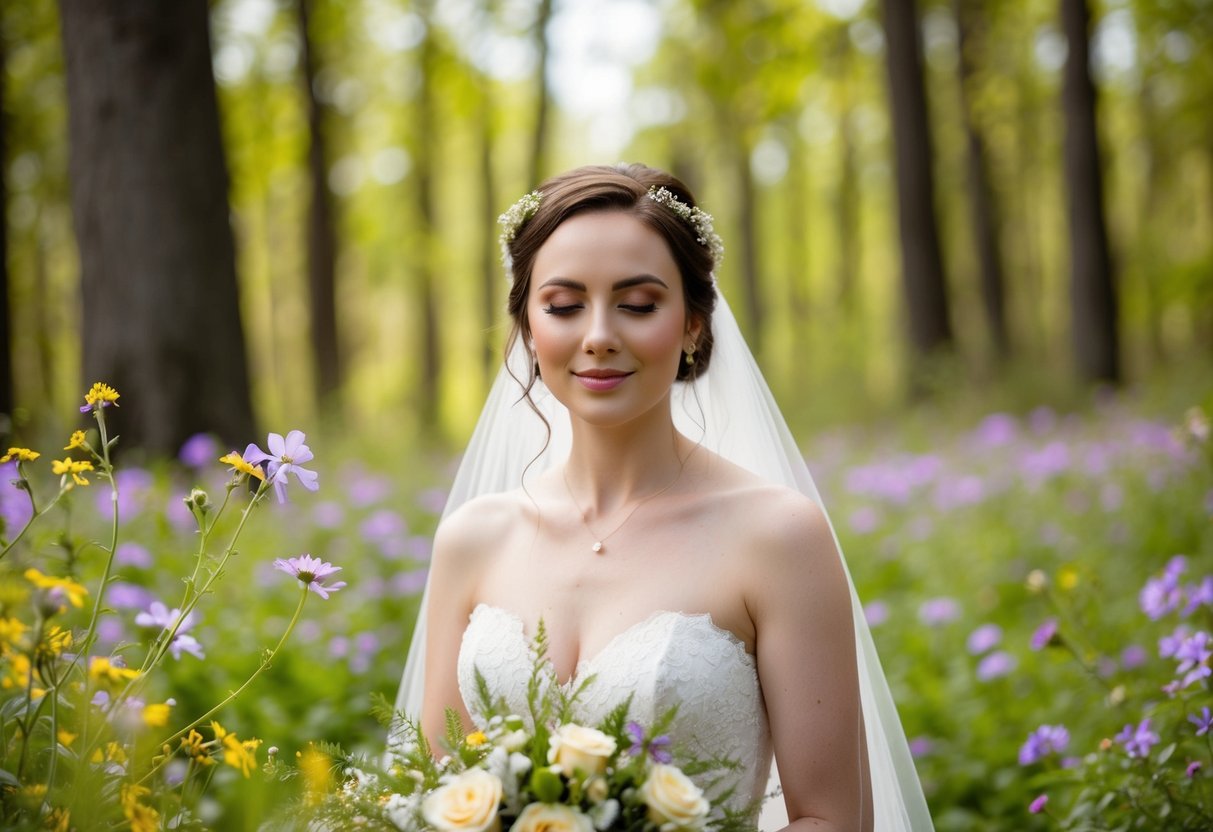 A serene bride with natural beauty, surrounded by blooming wildflowers in a lush, forest clearing