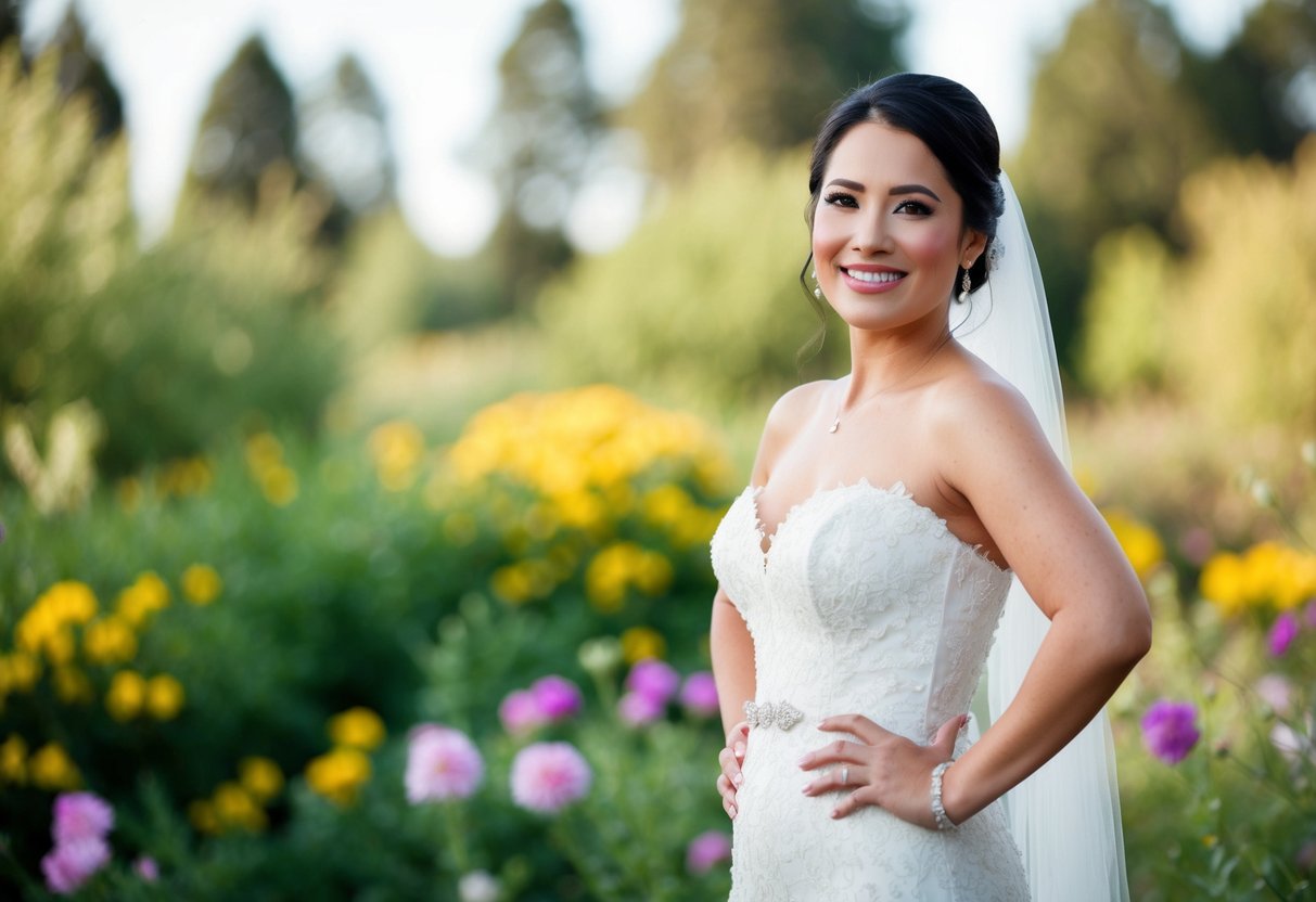 A bride standing confidently, surrounded by natural elements like flowers and greenery, with a radiant smile and glowing skin