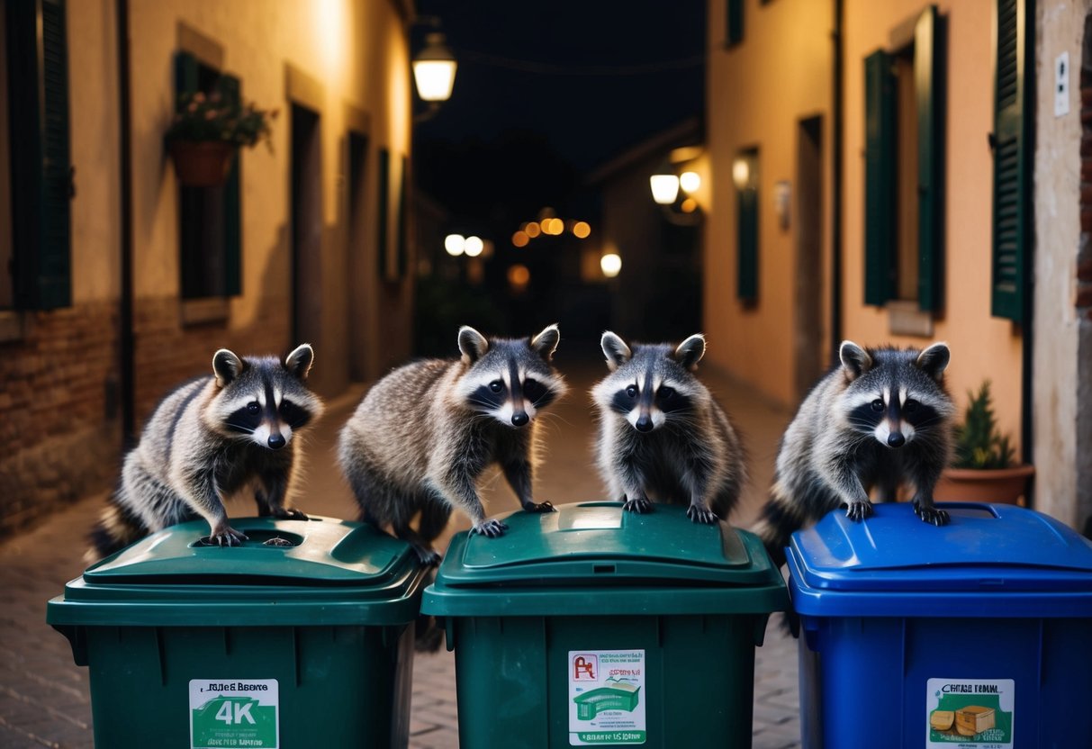 A group of raccoons scavenging through garbage bins in a quaint Italian village at night
