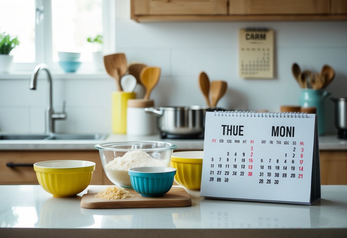 A kitchen counter with ingredients, mixing bowls, and a cake pan, with a calendar showing the current date and the date two days in the future