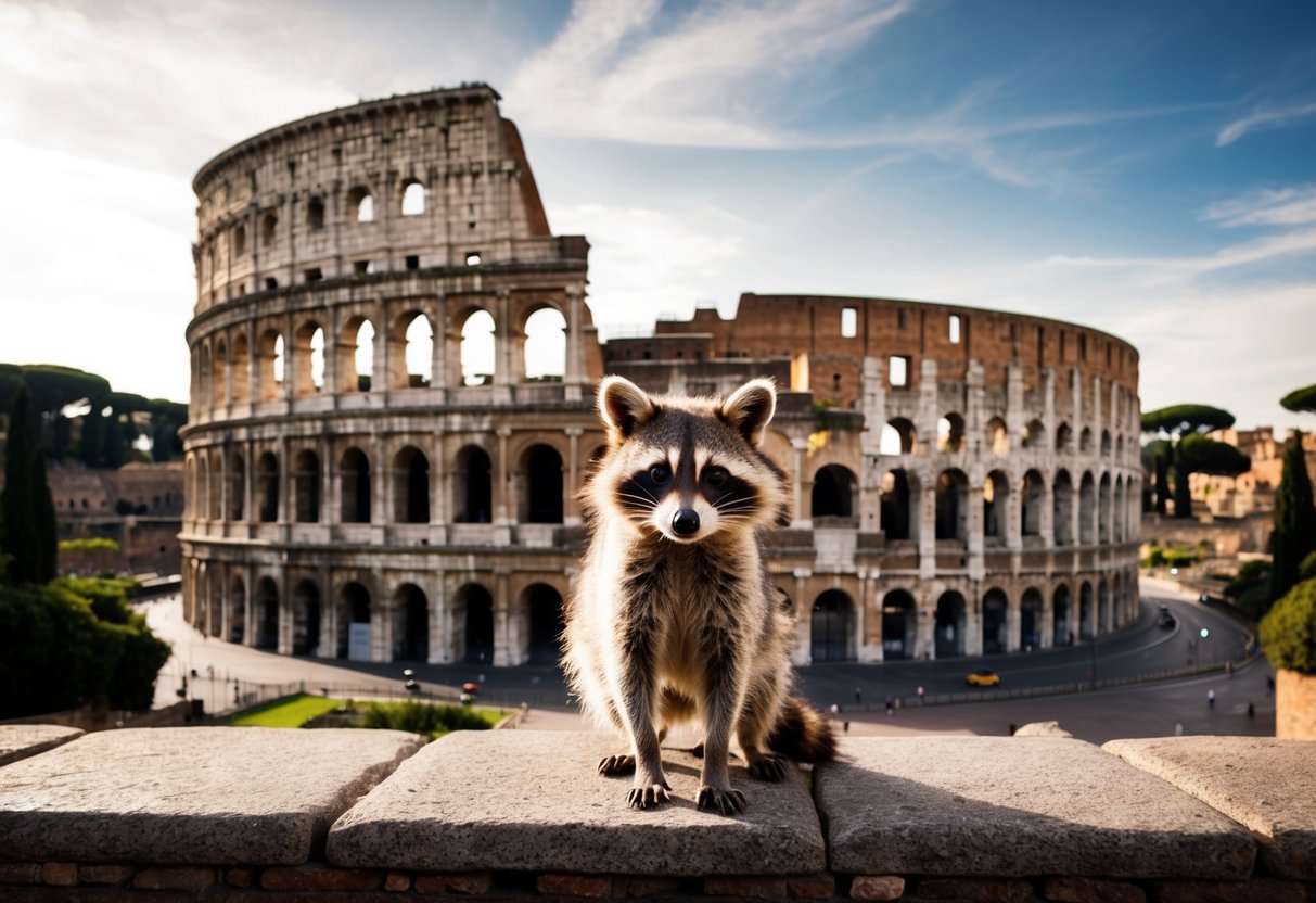 A raccoon stands in front of the Colosseum in Rome, Italy, looking curious and slightly mischievous