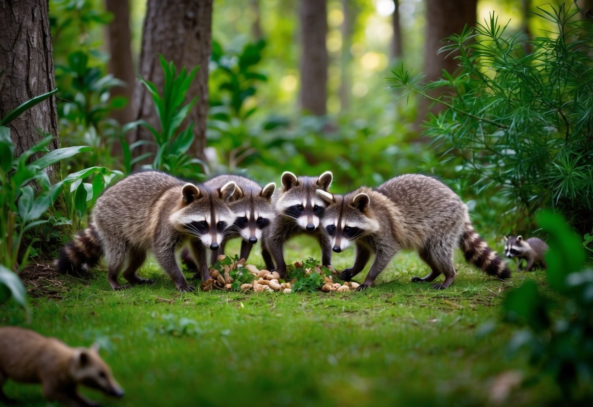 A group of raccoons foraging for food in a lush Italian forest, with various native plants and animals surrounding them